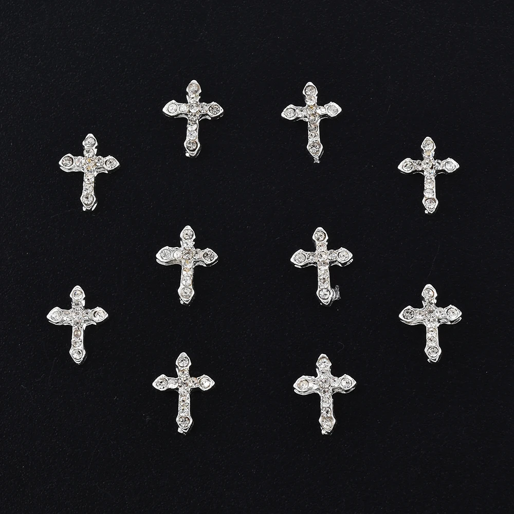 10Pcs Full Glitter Punk Cross Nail Charms 7*11.5cm Silver/Gold Metal Cross Nail Art Decoration 3D Luxury Classic Cross Manicure