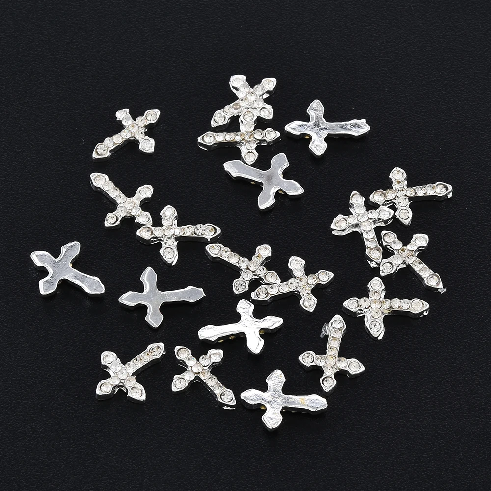 10Pcs Full Glitter Punk Cross Nail Charms 7*11.5cm Silver/Gold Metal Cross Nail Art Decoration 3D Luxury Classic Cross Manicure