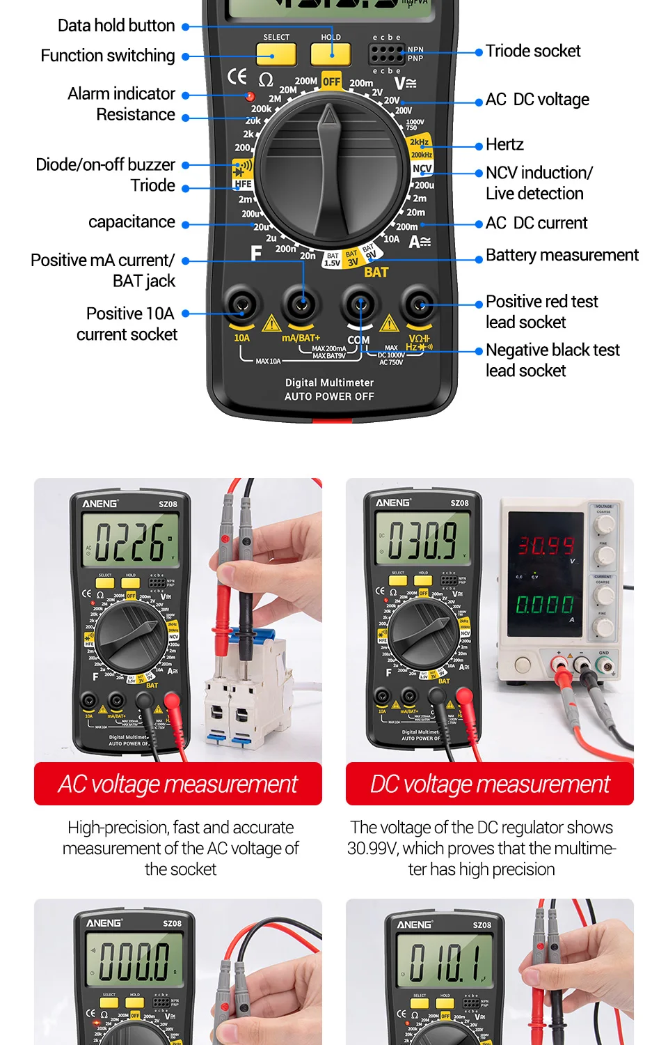 ANENG SZ08 Professional Digital Multimeter Ultra-thin Storage Meter Auto Voltmeter AC DC 220V Resistance Handhold Testers