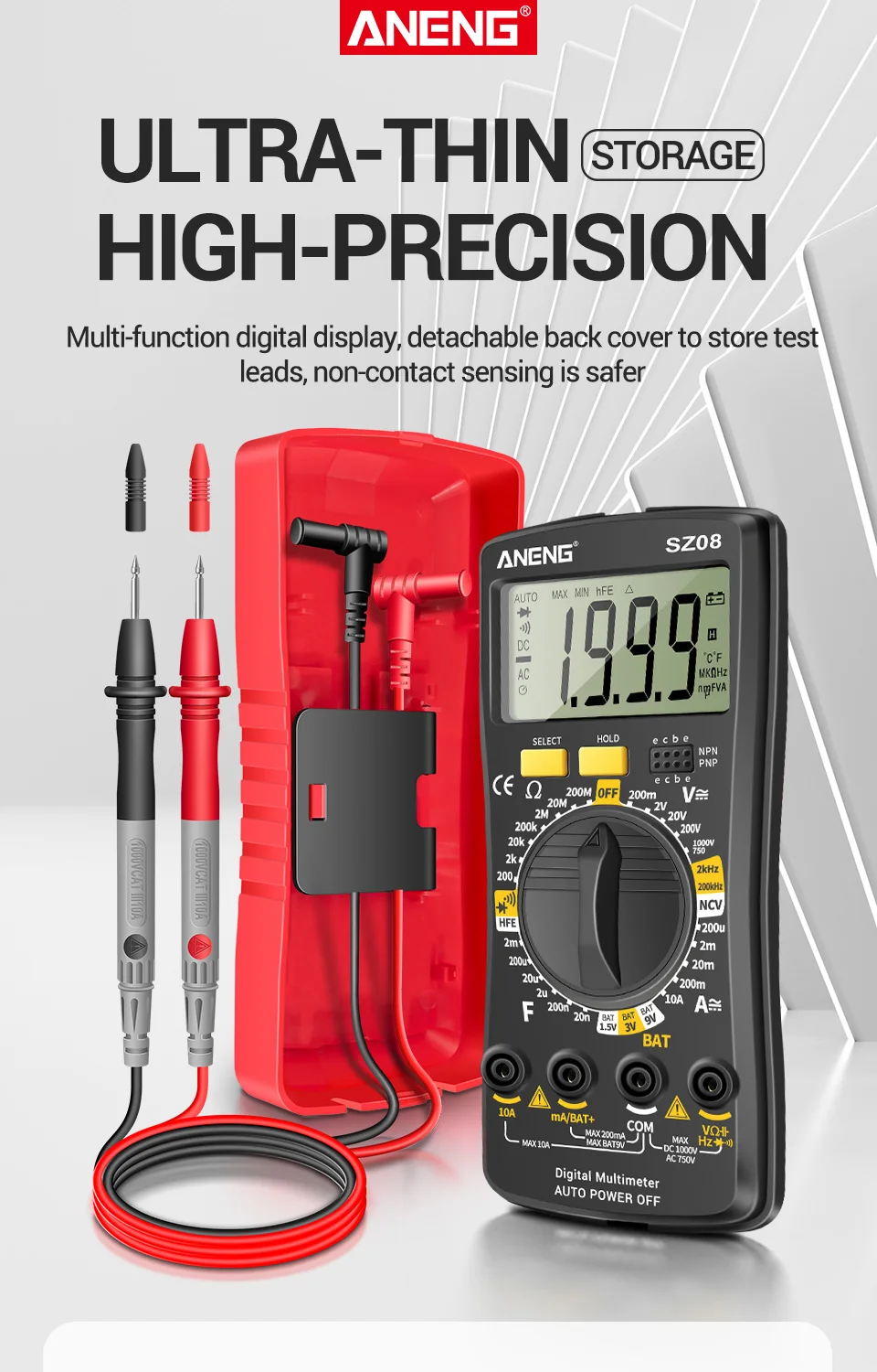 ANENG SZ08 Professional Digital Multimeter Ultra-thin Storage Meter Auto Voltmeter AC DC 220V Resistance Handhold Testers