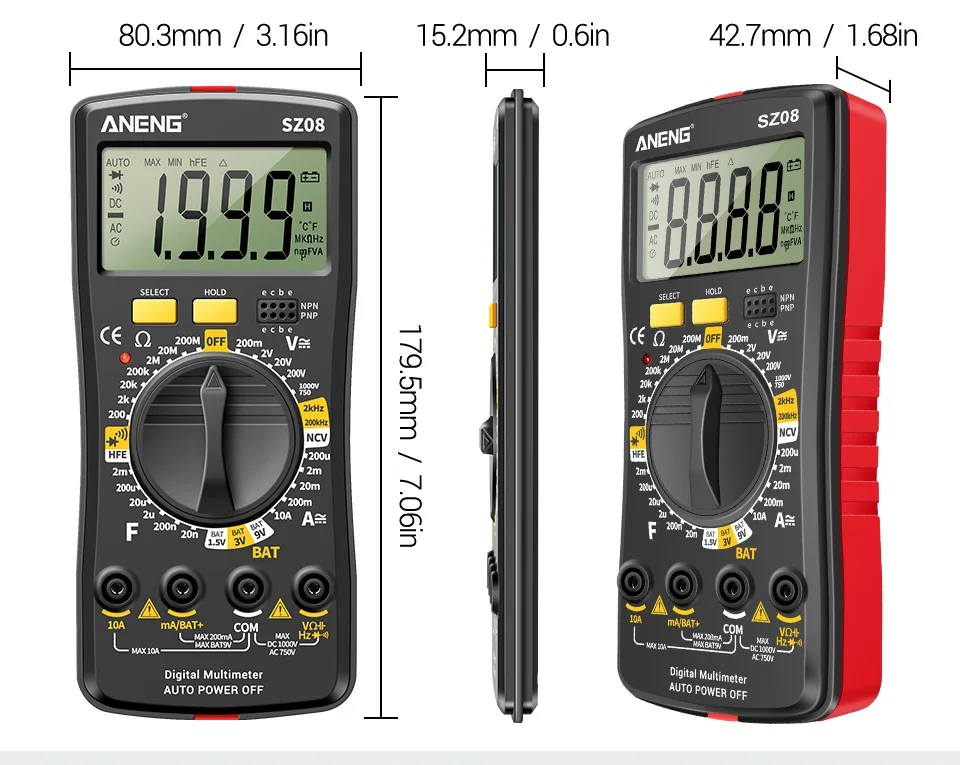 ANENG SZ08 Professional Digital Multimeter Ultra-thin Storage Meter Auto Voltmeter AC DC 220V Resistance Handhold Testers