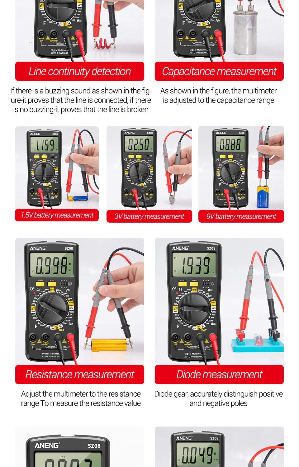ANENG SZ08 Professional Digital Multimeter Ultra-thin Storage Meter Auto Voltmeter AC DC 220V Resistance Handhold Testers