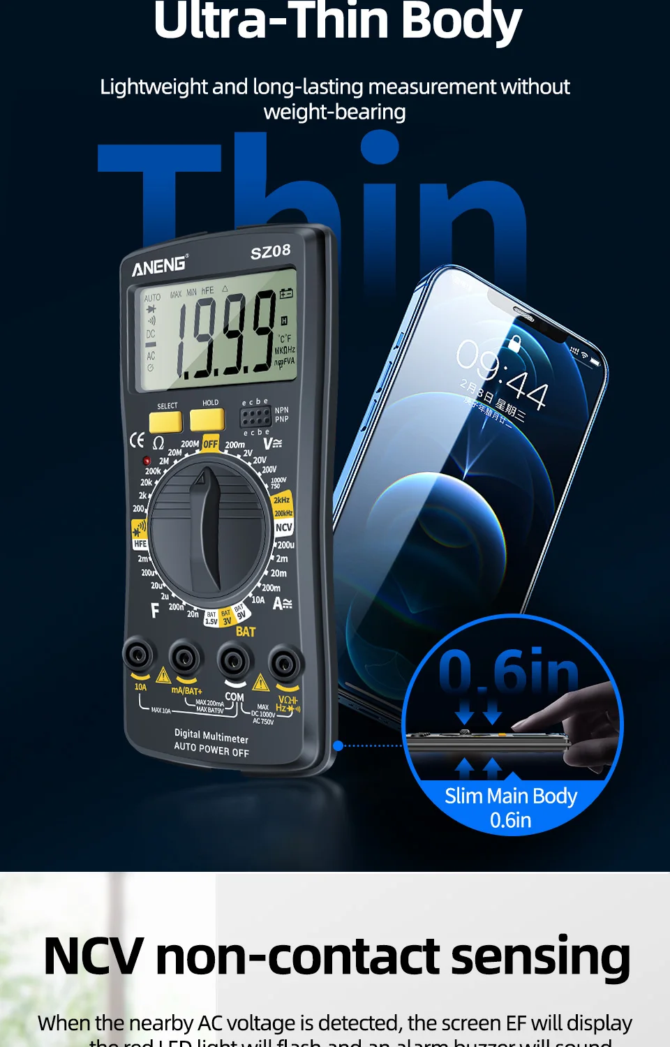ANENG SZ08 Professional Digital Multimeter Ultra-thin Storage Meter Auto Voltmeter AC DC 220V Resistance Handhold Testers