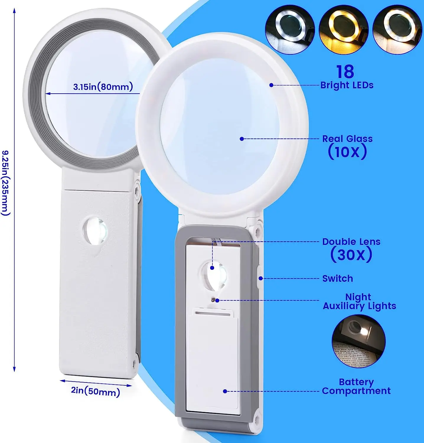 30X 10X Magnifying Glass with Light and Stand Folding Handheld Magnifying Glass 18 LED Illuminated Lighted Magnifier for Reading