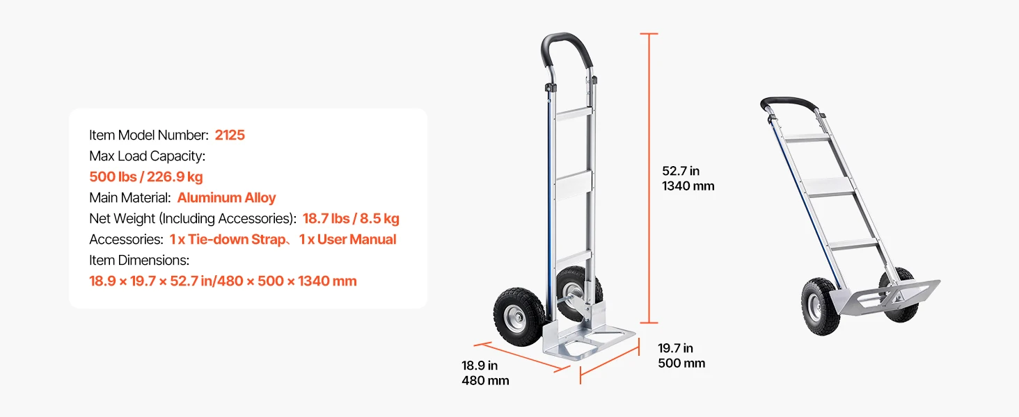 SucceBuy 500LBS Hand Truck Dolly with Non-Slip Wheels & Tie-down Strap Aluminum Alloy Portable Trolley for Moving Home Warehouse