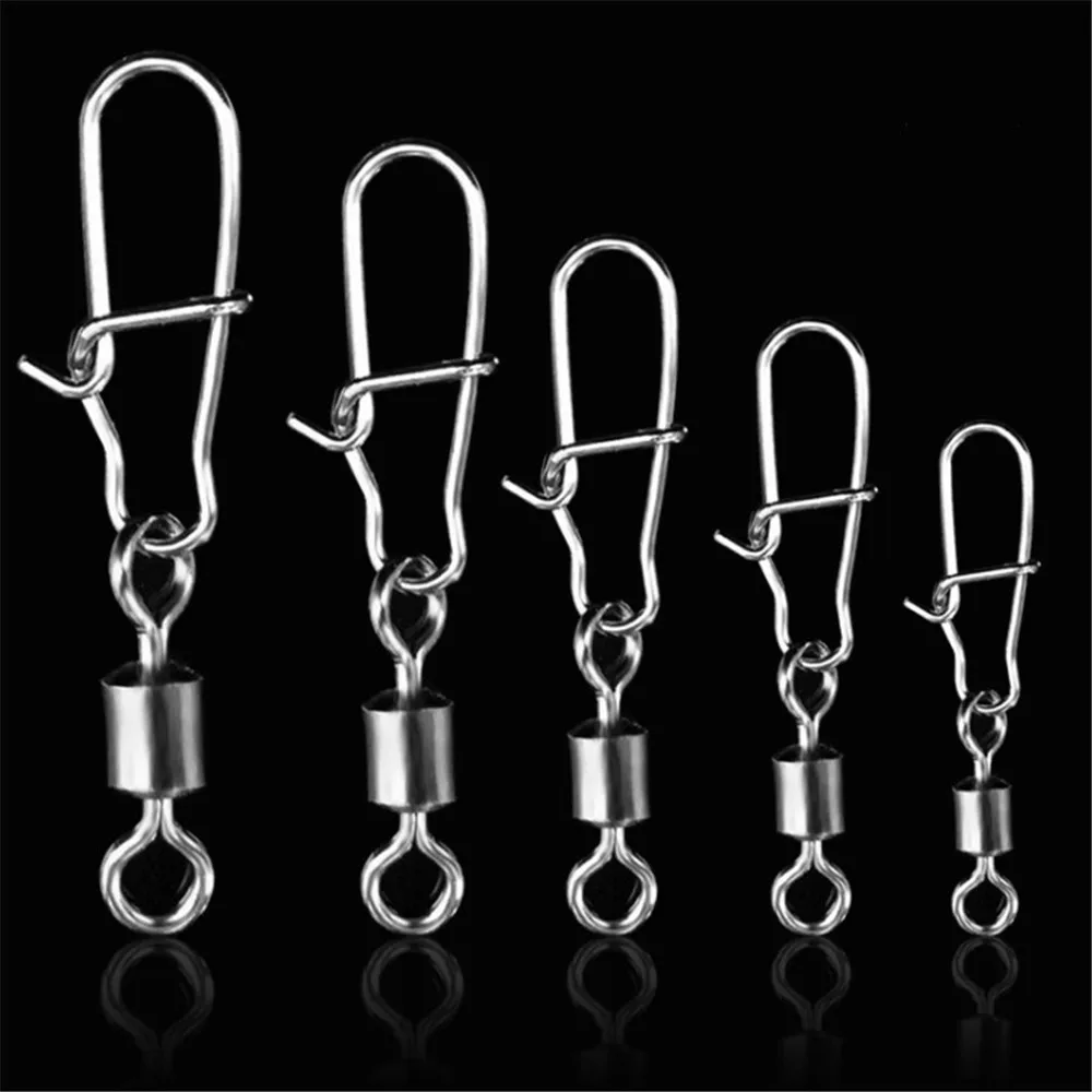 FISHINAPOT 30pcs/lot 2#-10# Stainless Steel Connector Bait Spinner Fishing Lure Rolling Swivel With Fast Lock Snap Hook Rotating