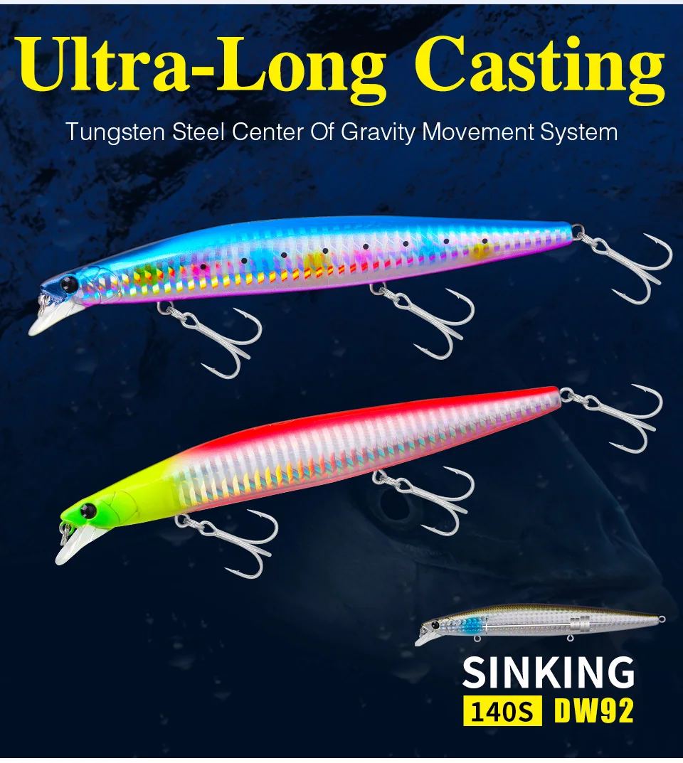 TSURINOYA Stinger 140S Fishing Lure Sinking Minnow DW92 140mm 26g Saltwater Seabass Ultra Long Casting Large Hard Baits Jerkbait