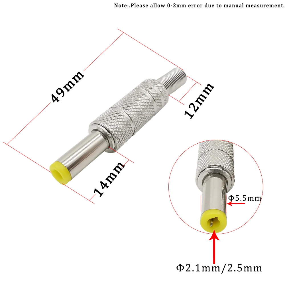2/5/10Pcs Silver Metal 5.5x2.1mm/5.5mm X 2.5mm DC Power Male Plug Jack Connector with Spring Yellow Head 5.5*2.1/5.5*2.5mm DC099