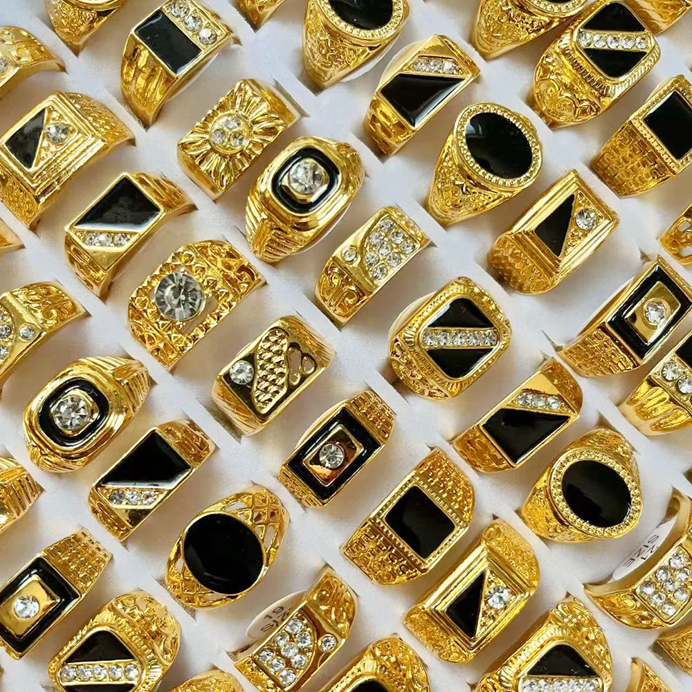 5Pcs Fashion Jewelry Men's Gold Color Enamel Rhinestone Rings Hot Wholesale Mixed Lots Party Drop Ship Free LR4047