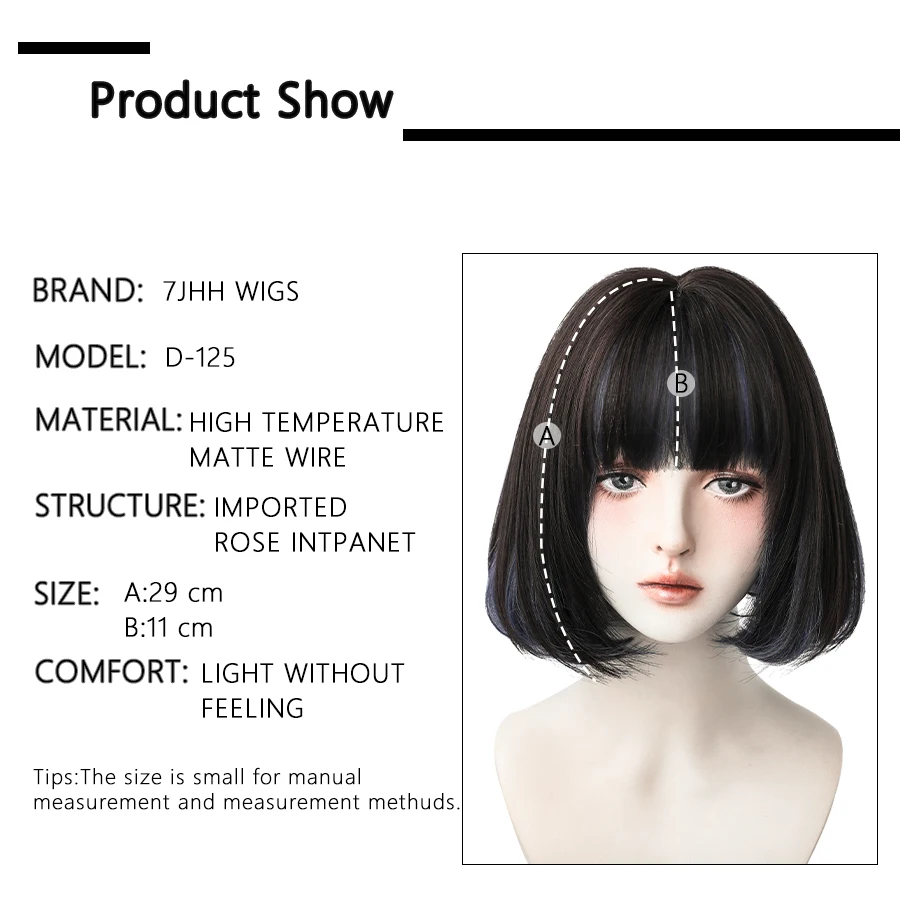 7JHH WIGS Black Short Bob Wig for Girl Daily Wear Synthetic Wig New Style Natural Supple Summer  Heatresistant Wig With Bangs