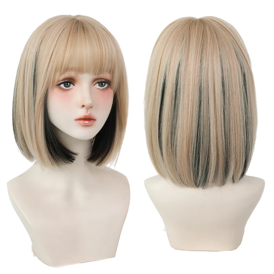 7JHH WIGS Black Short Bob Wig for Girl Daily Wear Synthetic Wig New Style Natural Supple Summer  Heatresistant Wig With Bangs