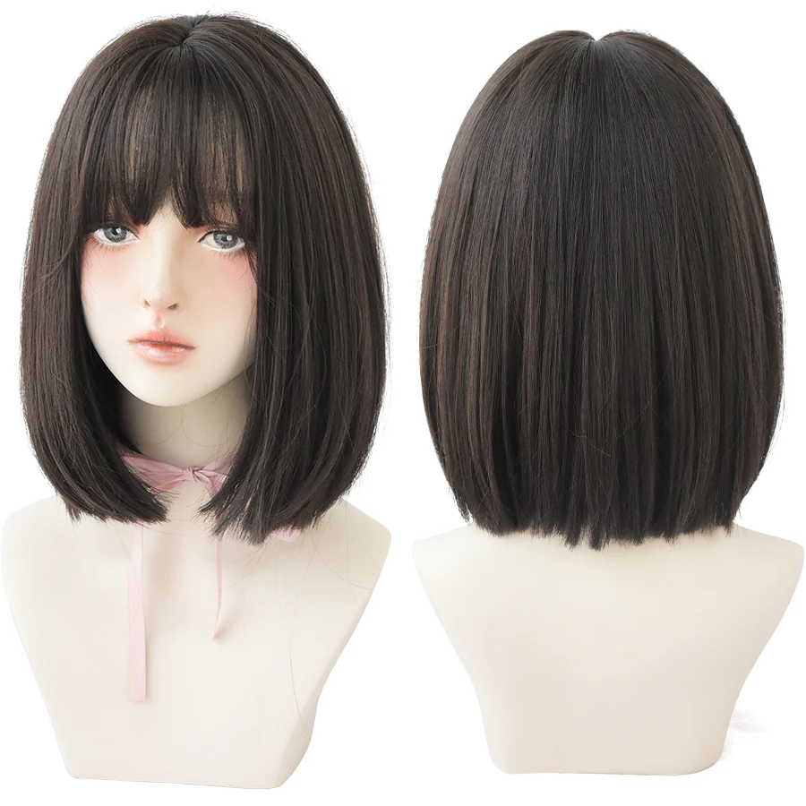 7JHH WIGS Black Short Bob Wig for Girl Daily Wear Synthetic Wig New Style Natural Supple Summer  Heatresistant Wig With Bangs