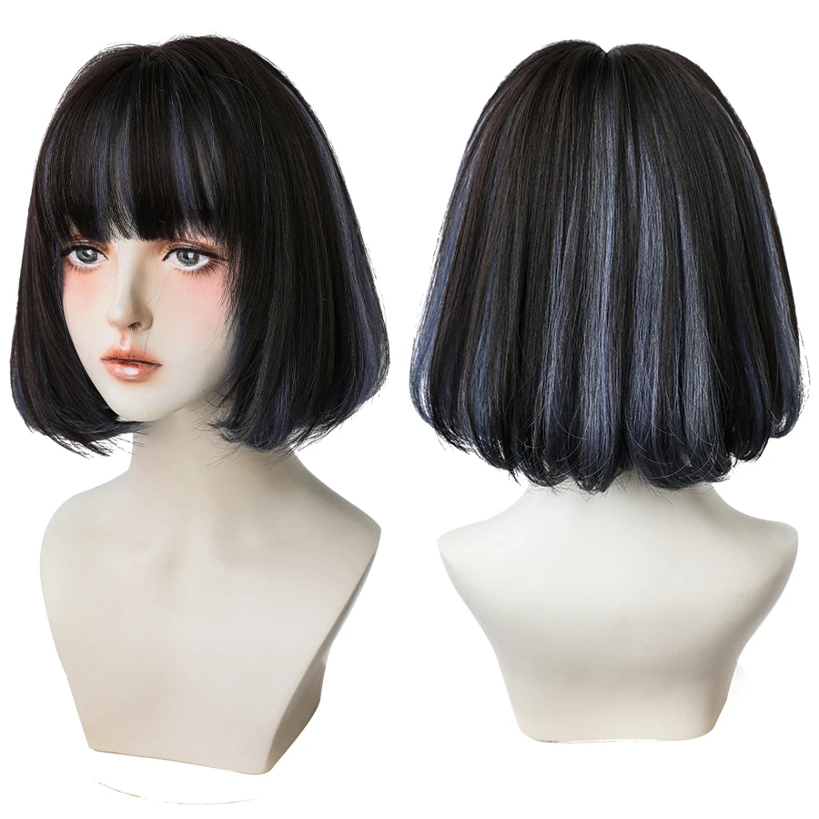 7JHH WIGS Black Short Bob Wig for Girl Daily Wear Synthetic Wig New Style Natural Supple Summer  Heatresistant Wig With Bangs