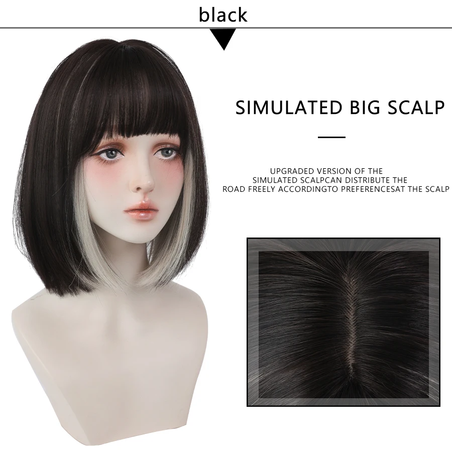 7JHH WIGS Black Short Bob Wig for Girl Daily Wear Synthetic Wig New Style Natural Supple Summer  Heatresistant Wig With Bangs