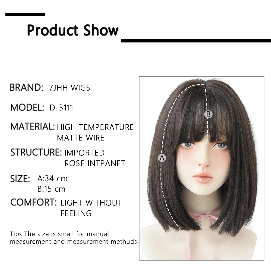 7JHH WIGS Black Short Bob Wig for Girl Daily Wear Synthetic Wig New Style Natural Supple Summer  Heatresistant Wig With Bangs