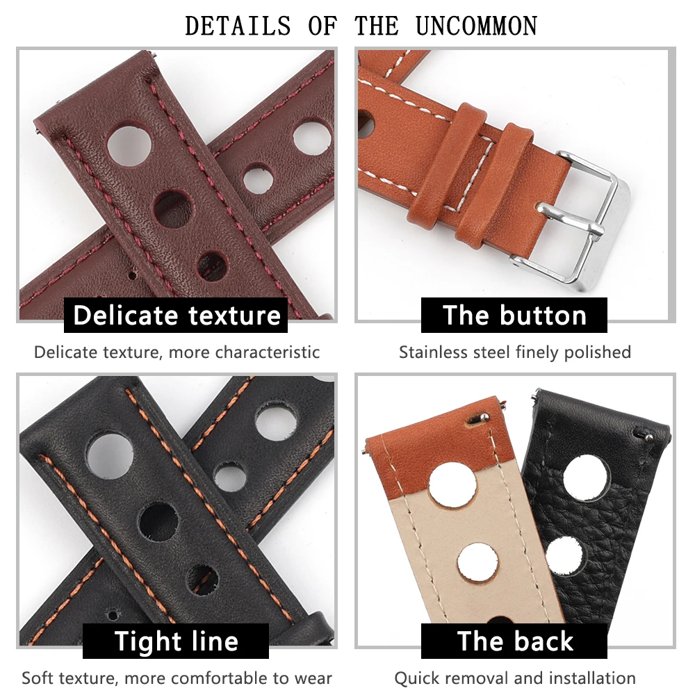 Leather Hand-Stitching Solid Color Watchband 18mm 20mm 22mm 24mm Breathable Hole Strap for Watch Watchbands Strap