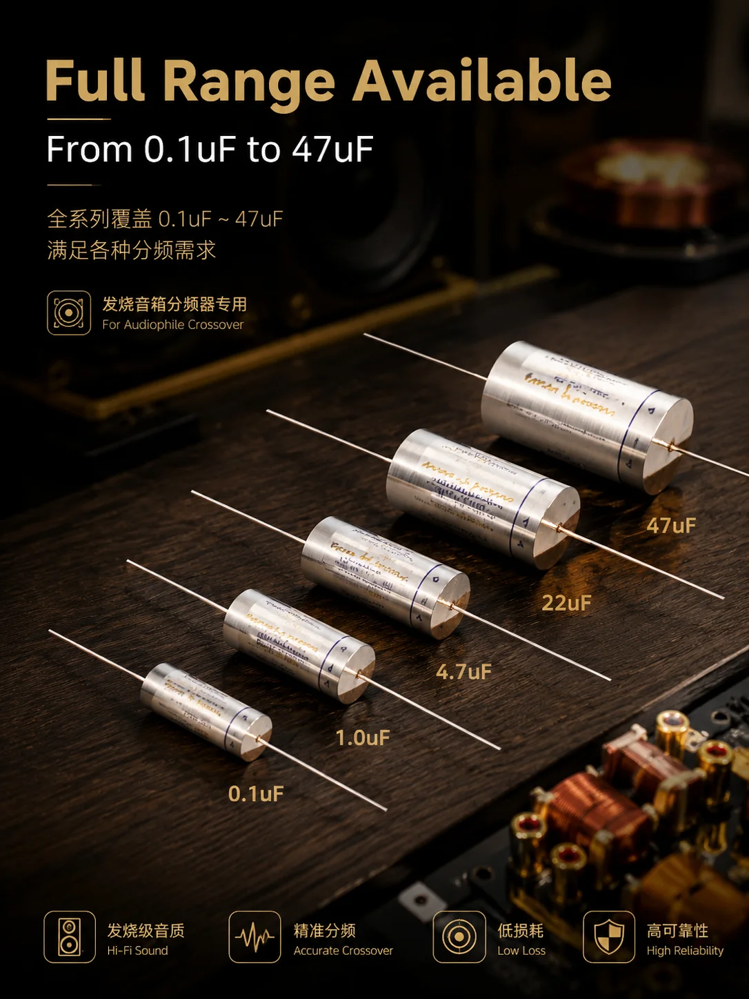 HIFIDIY LIVE Silver MKP Capacitor Non-Polar Frequency Divider Capacitor AUDIO Nourishments 1.0uf 2.2uf 3.3uf 4.7uf 5.6uf 6.8uf