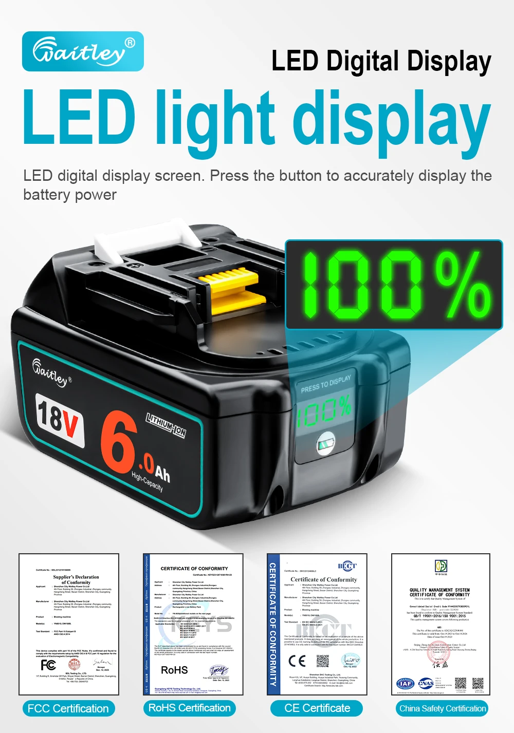 Waitley 18V Battery For Makita Power Tools Replacement Accessories BL1860 BL1850 / Li-ion Rechargeable batteries Pack
