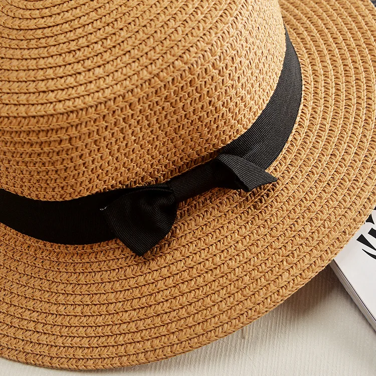 COKK Panama Hat Simple Summer Beach Hat Female Casual Lady Women Flat Brim Bowknot Straw Cap Girls Sun Hat Chapeu Feminino
