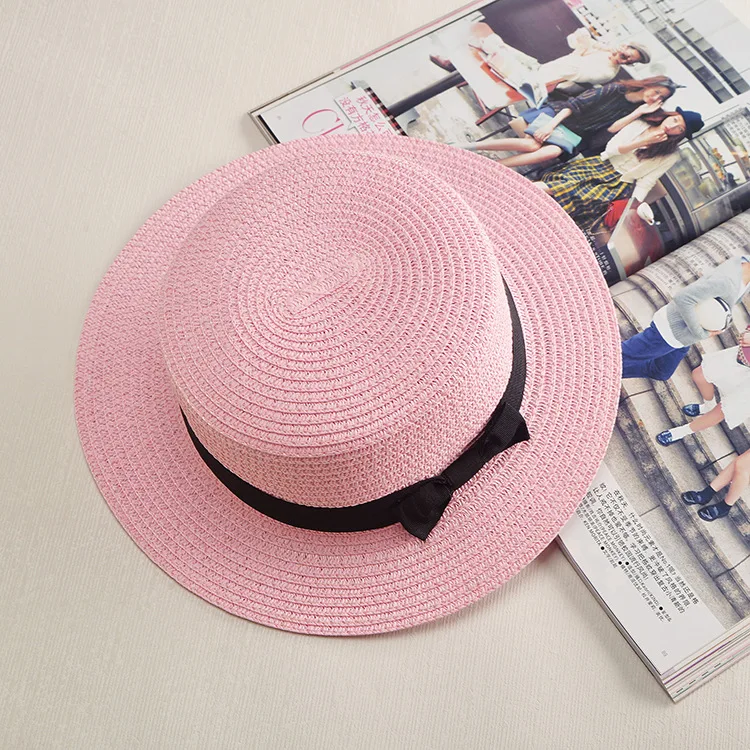 COKK Panama Hat Simple Summer Beach Hat Female Casual Lady Women Flat Brim Bowknot Straw Cap Girls Sun Hat Chapeu Feminino