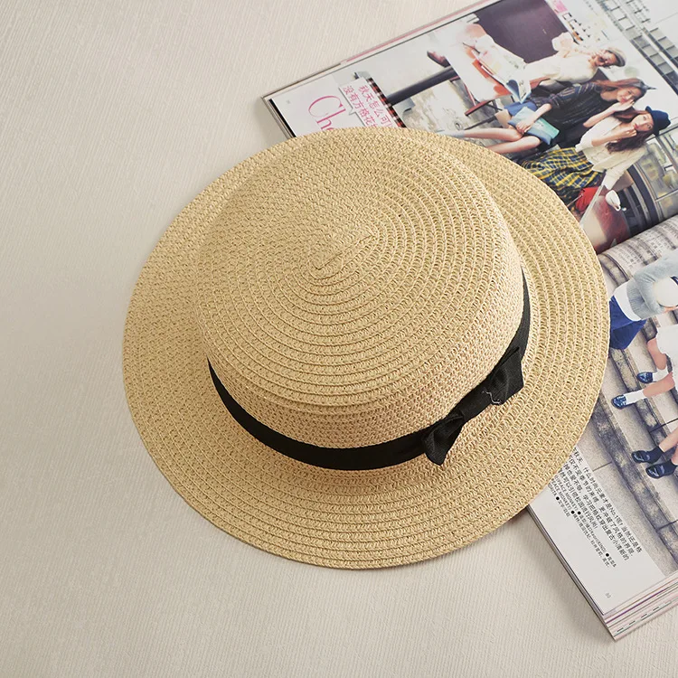 COKK Panama Hat Simple Summer Beach Hat Female Casual Lady Women Flat Brim Bowknot Straw Cap Girls Sun Hat Chapeu Feminino