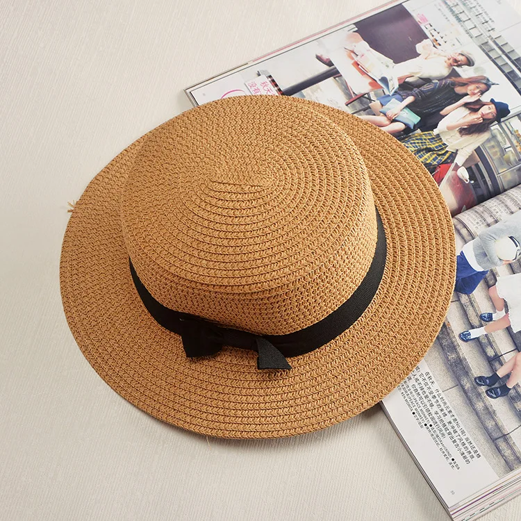 COKK Panama Hat Simple Summer Beach Hat Female Casual Lady Women Flat Brim Bowknot Straw Cap Girls Sun Hat Chapeu Feminino