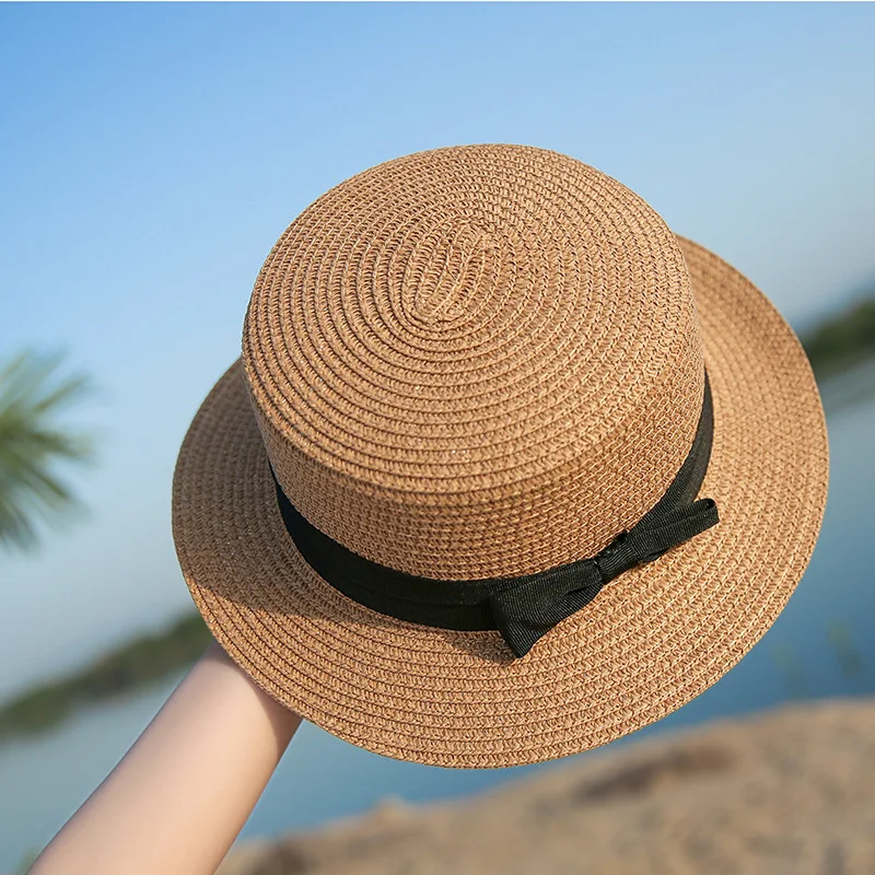 COKK Panama Hat Simple Summer Beach Hat Female Casual Lady Women Flat Brim Bowknot Straw Cap Girls Sun Hat Chapeu Feminino