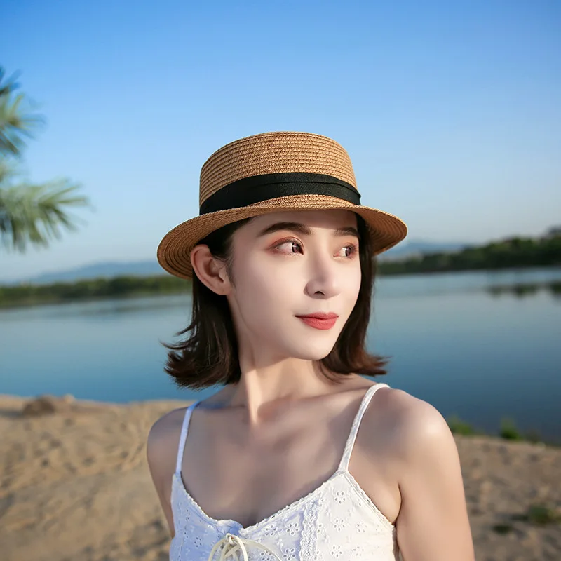 COKK Panama Hat Simple Summer Beach Hat Female Casual Lady Women Flat Brim Bowknot Straw Cap Girls Sun Hat Chapeu Feminino