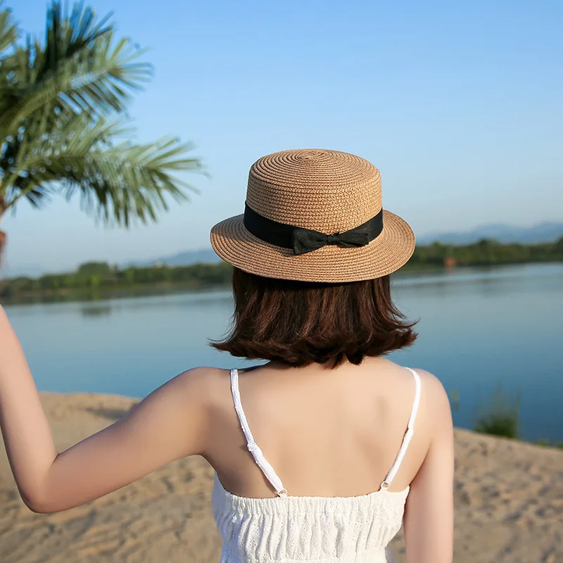COKK Panama Hat Simple Summer Beach Hat Female Casual Lady Women Flat Brim Bowknot Straw Cap Girls Sun Hat Chapeu Feminino