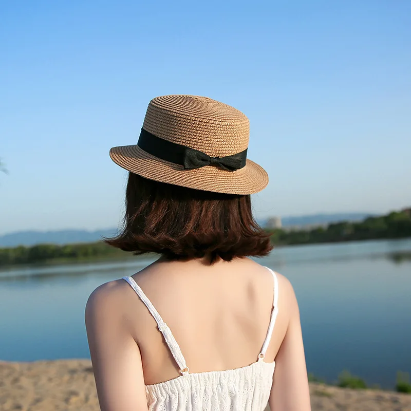 COKK Panama Hat Simple Summer Beach Hat Female Casual Lady Women Flat Brim Bowknot Straw Cap Girls Sun Hat Chapeu Feminino