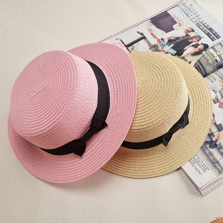 COKK Panama Hat Simple Summer Beach Hat Female Casual Lady Women Flat Brim Bowknot Straw Cap Girls Sun Hat Chapeu Feminino