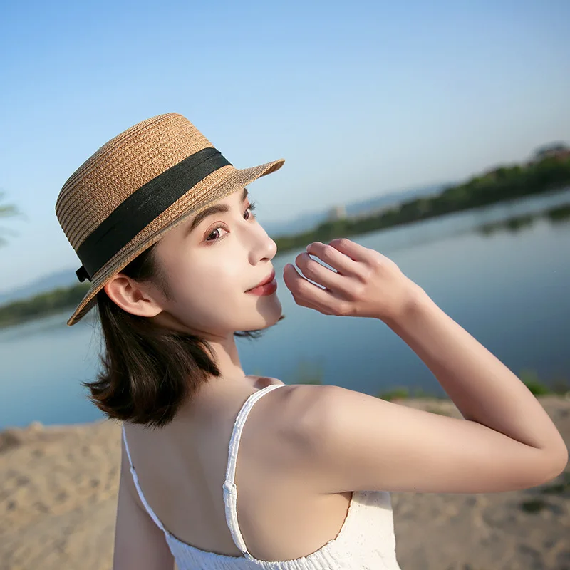 COKK Panama Hat Simple Summer Beach Hat Female Casual Lady Women Flat Brim Bowknot Straw Cap Girls Sun Hat Chapeu Feminino