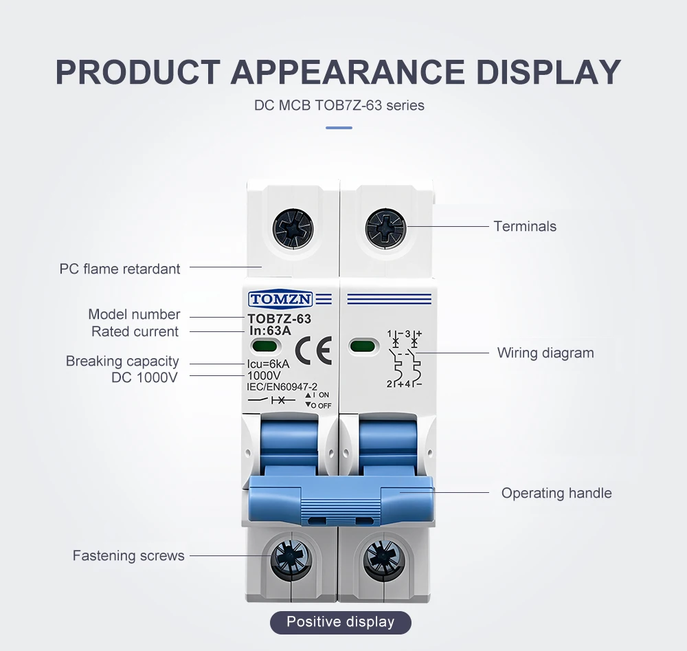TOMZN 2P DC 1000V Solar Mini Circuit Breaker 3A 6A 10A 16A 20A 25A 32A 40A 50A 63A DC MCB for PV System