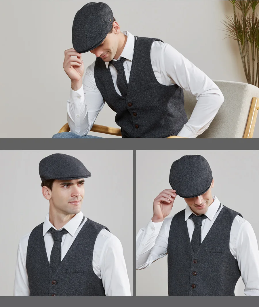 VOBOOM Wool Tweed Herringbone Irish Cap Men Women Beret Cabbie Driver Hat Newsboy Caps Golf Ivy Flat Hats Green Navy Black