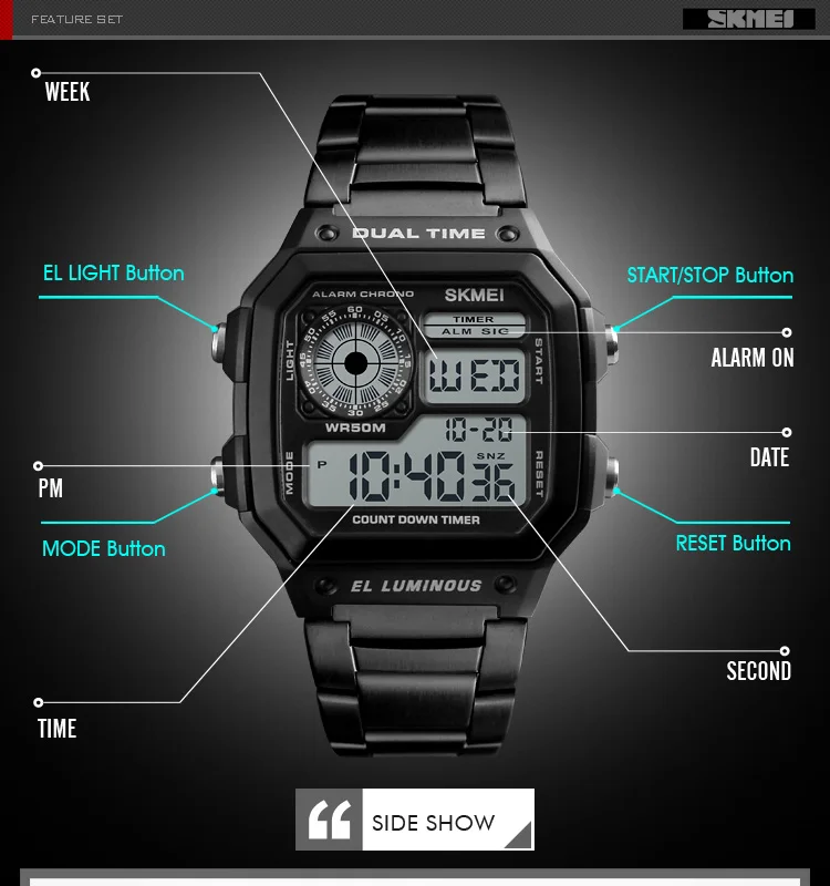 Skmei Dual Time Zone Men's Digital Sports Bracelet Watches Luxury Stainless Steel Band 50M Waterproof Led Chronograph Stop Watch