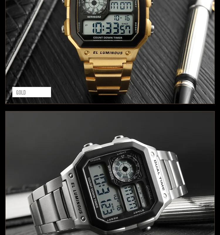 Skmei Dual Time Zone Men's Digital Sports Bracelet Watches Luxury Stainless Steel Band 50M Waterproof Led Chronograph Stop Watch