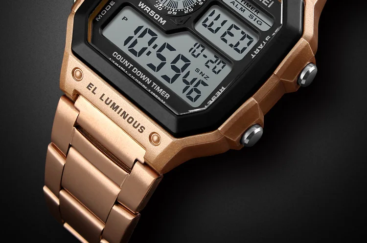 Skmei Dual Time Zone Men's Digital Sports Bracelet Watches Luxury Stainless Steel Band 50M Waterproof Led Chronograph Stop Watch