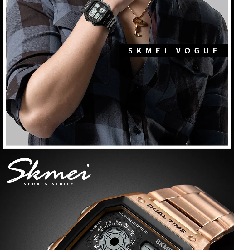Skmei Dual Time Zone Men's Digital Sports Bracelet Watches Luxury Stainless Steel Band 50M Waterproof Led Chronograph Stop Watch