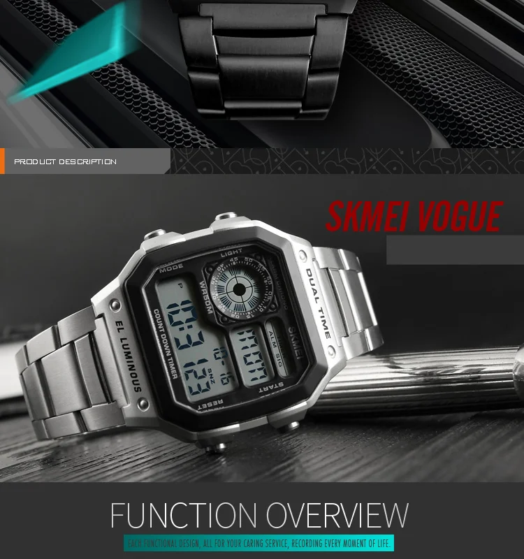 Skmei Dual Time Zone Men's Digital Sports Bracelet Watches Luxury Stainless Steel Band 50M Waterproof Led Chronograph Stop Watch