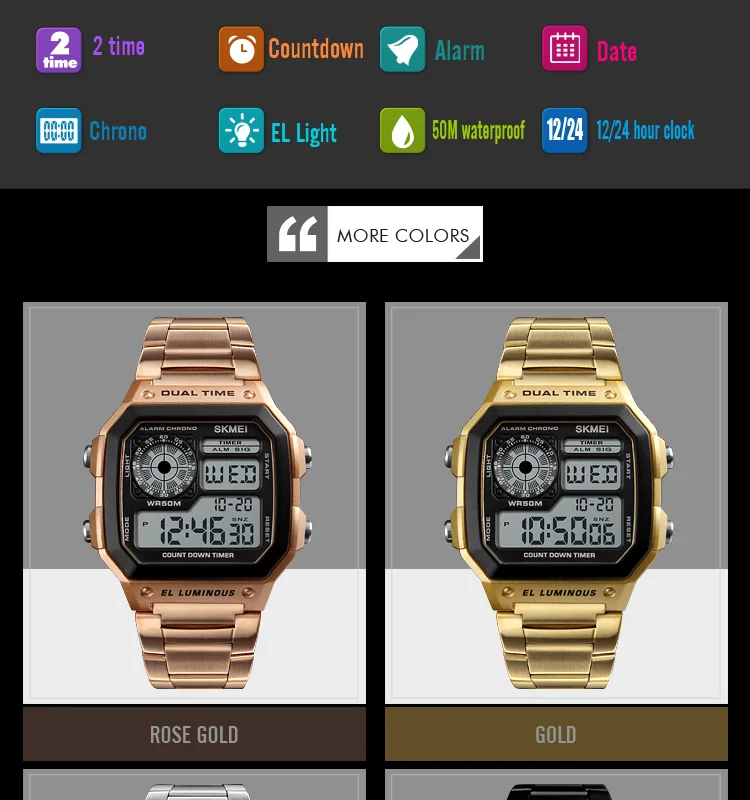 Skmei Dual Time Zone Men's Digital Sports Bracelet Watches Luxury Stainless Steel Band 50M Waterproof Led Chronograph Stop Watch