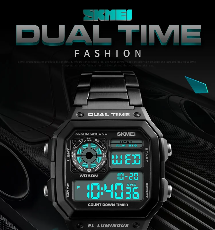 Skmei Dual Time Zone Men's Digital Sports Bracelet Watches Luxury Stainless Steel Band 50M Waterproof Led Chronograph Stop Watch