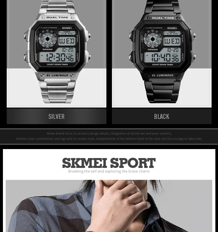 Skmei Dual Time Zone Men's Digital Sports Bracelet Watches Luxury Stainless Steel Band 50M Waterproof Led Chronograph Stop Watch