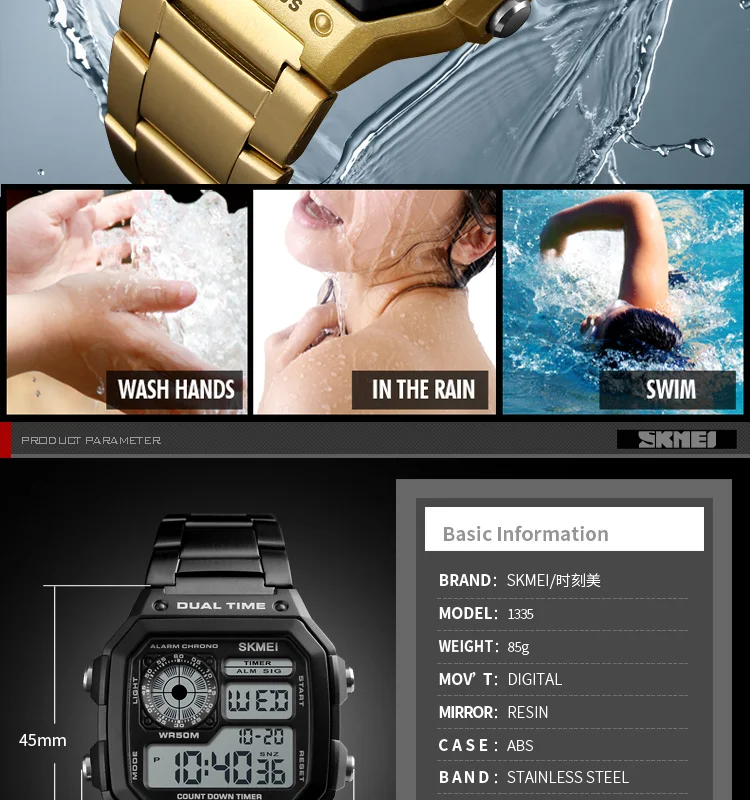 Skmei Dual Time Zone Men's Digital Sports Bracelet Watches Luxury Stainless Steel Band 50M Waterproof Led Chronograph Stop Watch
