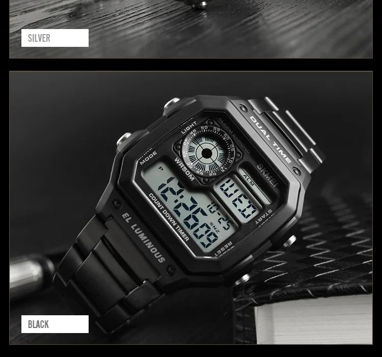 Skmei Dual Time Zone Men's Digital Sports Bracelet Watches Luxury Stainless Steel Band 50M Waterproof Led Chronograph Stop Watch