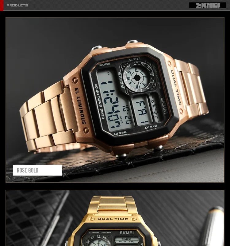 Skmei Dual Time Zone Men's Digital Sports Bracelet Watches Luxury Stainless Steel Band 50M Waterproof Led Chronograph Stop Watch
