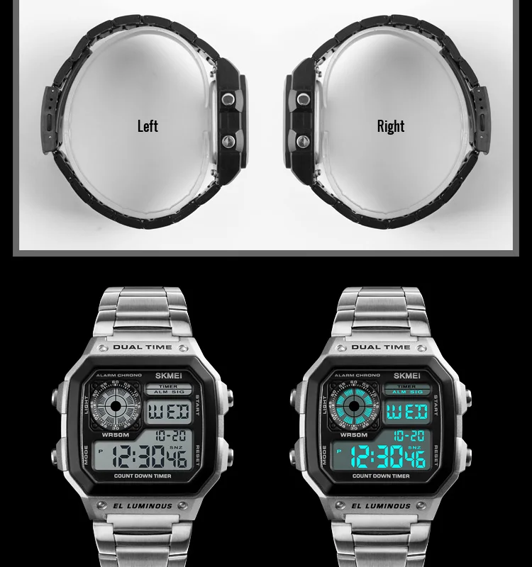 Skmei Dual Time Zone Men's Digital Sports Bracelet Watches Luxury Stainless Steel Band 50M Waterproof Led Chronograph Stop Watch