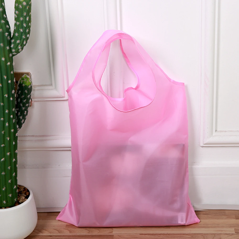 Shopping Bag Solid Color Eco-friendly Folding Reusable Portable Shoulder Handbag Polyester for Travel Grocery