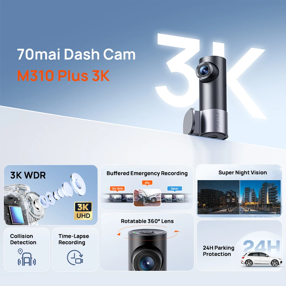 New 70mai Dash Cam M310 Plus 3K 1620P WDR Voice Control 139°FOV Car DVR 70mai M310 Plus 3K Car Recorder Parking Monitor