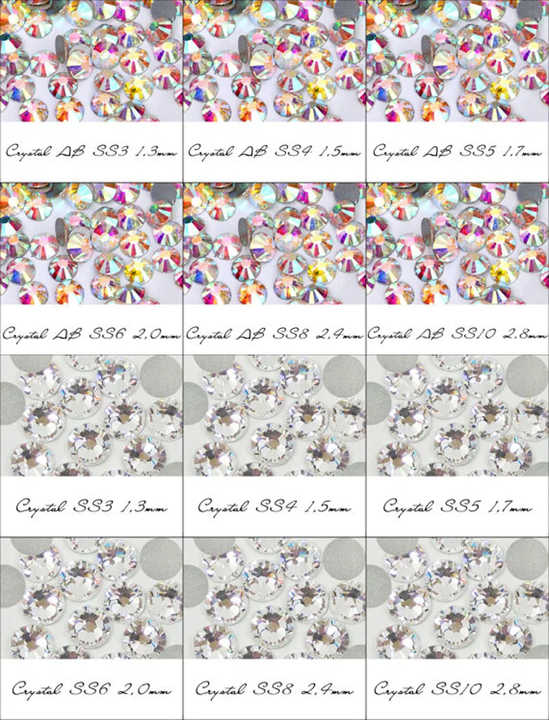 AB/Clear 1 Bag Nail Rhinestones Sizes SS3-SS12 1440 pcs Nail Art Decoration Flatback Glass Stones Shiny Gems DIY Gems