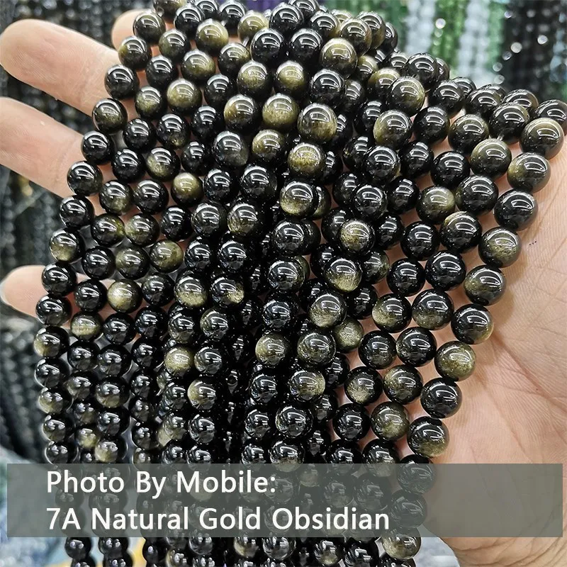 Natural Stone Golden Black Obsidian Bead Shinny Round Loose Gemstone Bead for Jewelry Making Diy Bracelet Necklace Accessory 15"